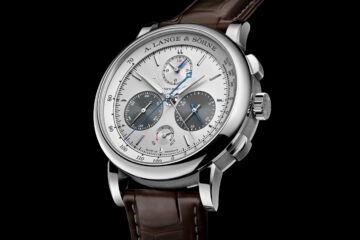 A. Lange & Söhne Triple Split Chronograph aus Platin mit rhodiniertem Zifferblatt und braunem Alligatorlederband