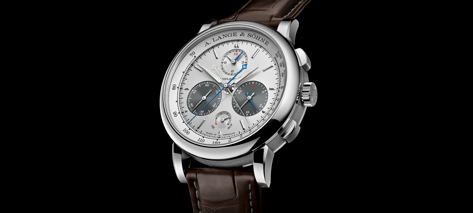 A. Lange & Söhne Triple Split Chronograph aus Platin mit rhodiniertem Zifferblatt und braunem Alligatorlederband