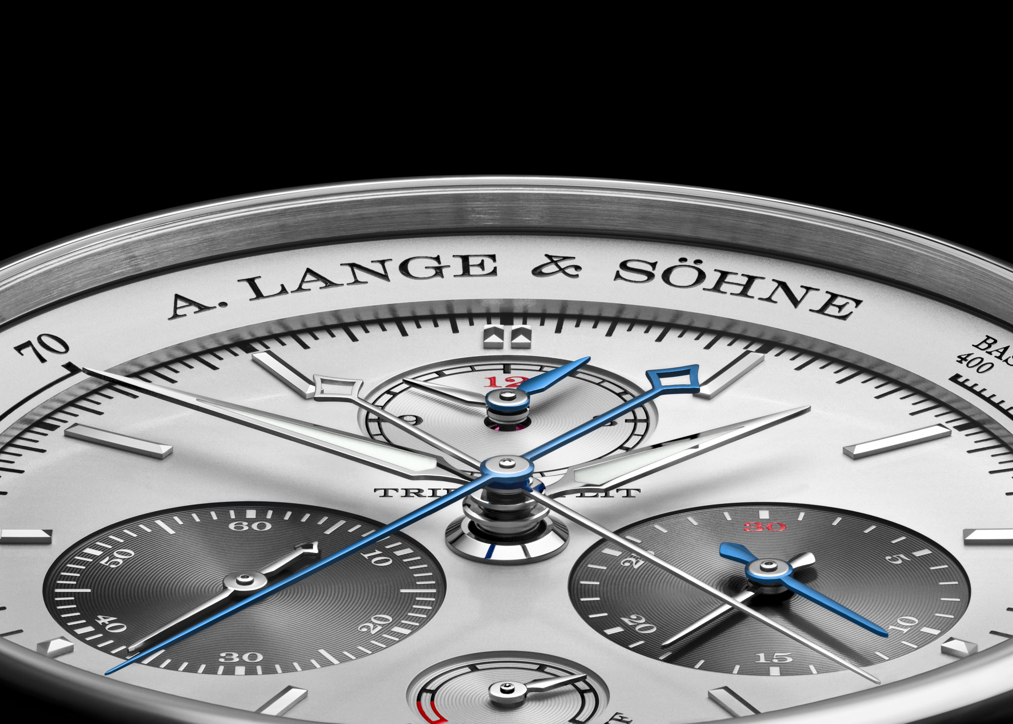 Nahaufnahme des Platingehäuses und der Drücker der A. Lange & Söhne Triple Split